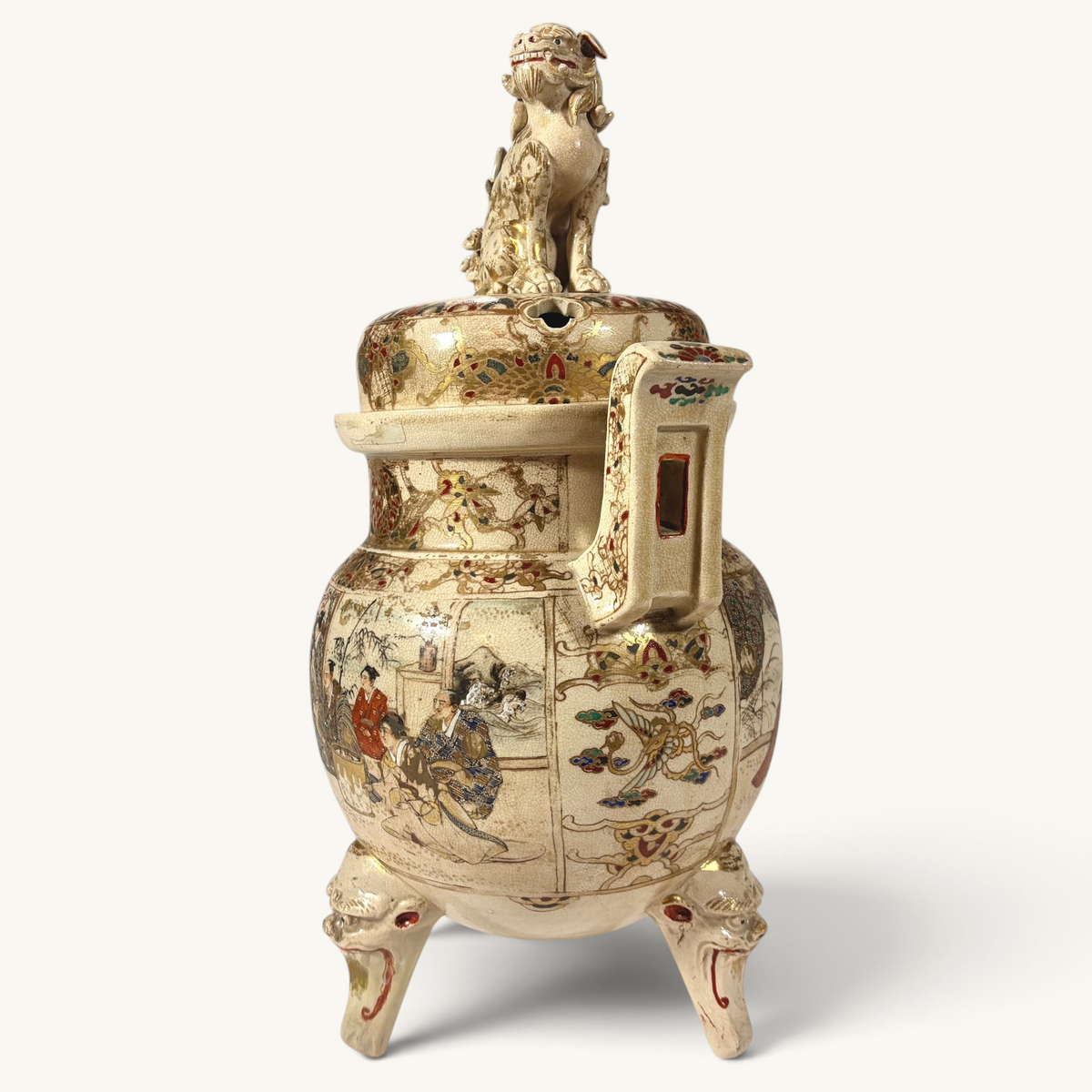 KLS Vaults Meiji period Satsuma earthenware incense burner with shishi finial and intricate gold brocade painted scenes.