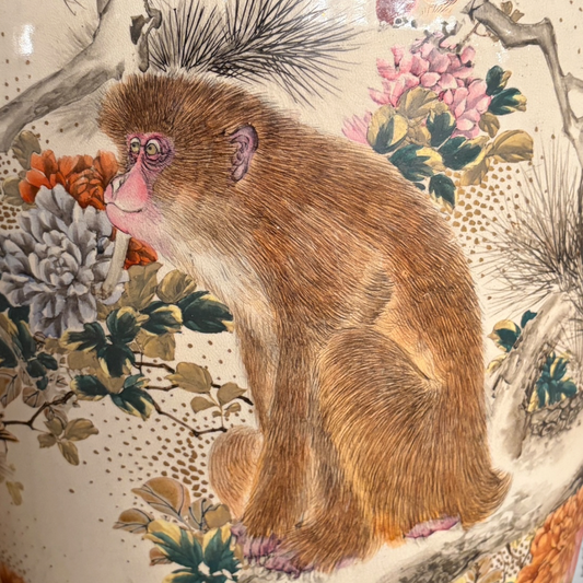 KLS Vaults Meiji period Satsuma vase detail featuring a hand-painted Japanese macaque among pine and peony flowers.