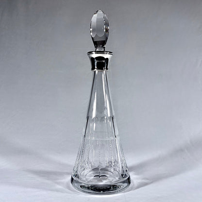 KLS Vaults Elizabeth II lead crystal conical decanter with sterling silver collar and faceted crystal stopper.