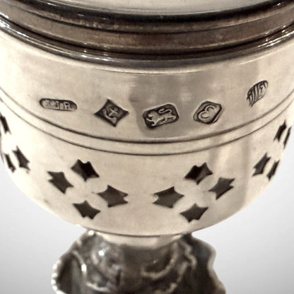 KLS Vaults vintage 1979 silver hurricane lamp sconce featuring intricate pierced star designs and Birmingham hallmarks.