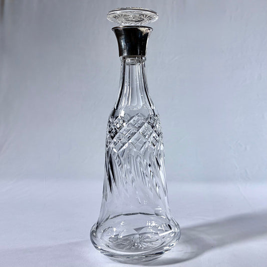 KLS Vaults 1931 George V silver-mounted lead crystal decanter with diamond-cut pattern and mushroom stopper.