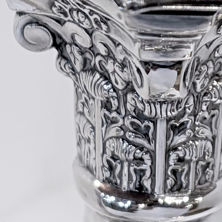 KLS Vaults sterling silver Corinthian candlestick capital with intricate acanthus leaf and volute detailing.