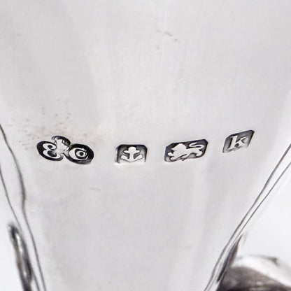 KLS Vaults 1909 sterling silver epergne hallmark detail showing Elkington and Co maker marks on polished metal