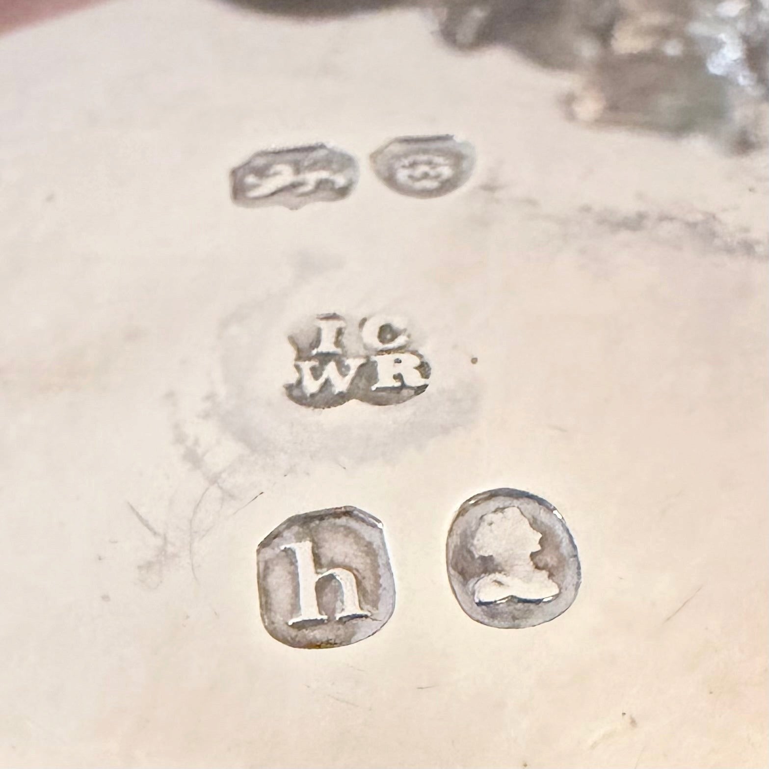KLS Vaults 1823 sterling silver hallmark stamps on a Georgian salt cellar showing maker marks and date letter