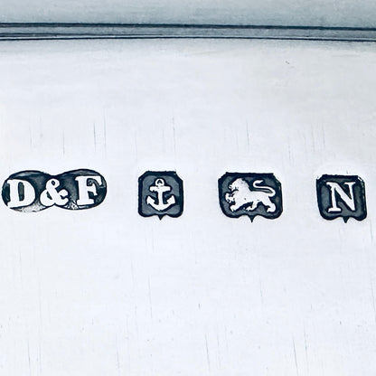 KLS Vaults sterling silver hallmark stamps including D&F maker mark, Birmingham anchor, and lion passant for 1937