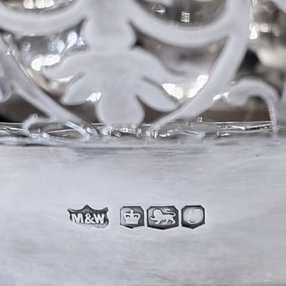 KLS Vaults sterling silver centerpiece hallmark detail showing Sheffield 1935 assay marks on polished metal
