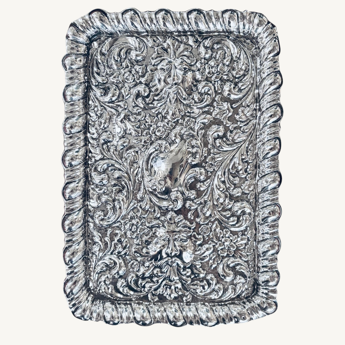 KLS Vaults George V sterling silver dressing tray with ornate repoussé floral, acanthus, and Green Man mask motifs.