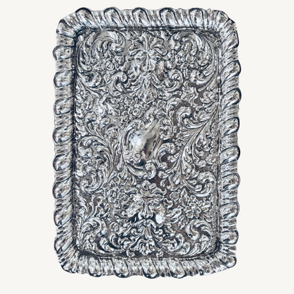KLS Vaults George V sterling silver dressing tray with ornate repoussé floral, acanthus, and Green Man mask motifs.