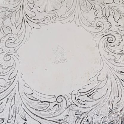 KLS Vaults 1835 William IV sterling silver salver with intricate chased foliate scrolls and central dragon crest