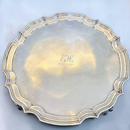 KLS Vaults sterling silver presentation salver with scalloped piecrust border and engraved EH monogram from 1941.