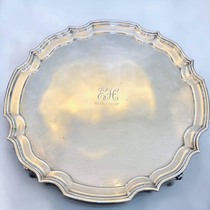 KLS Vaults sterling silver presentation salver with scalloped piecrust border and engraved EH monogram from 1941.