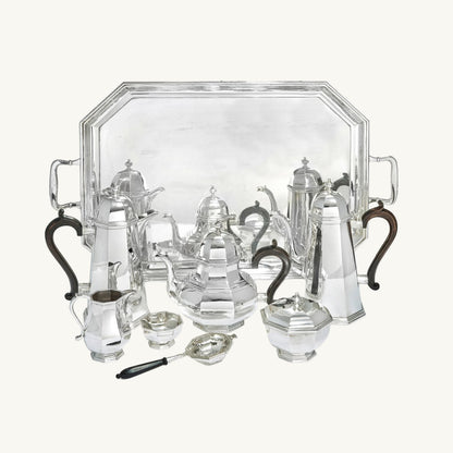 KLS Vaults sterling silver seven-piece tea and coffee service with octagonal design and ebonised wood handles.
