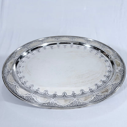 KLS Vaults Tiffany & Co. sterling silver oval platter with intricate Art Nouveau foliate scroll border.