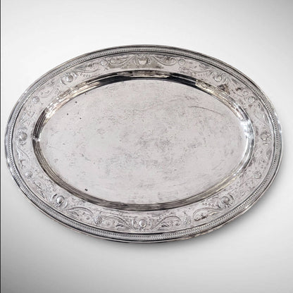 KLS Vaults large oval Tiffany & Co. sterling silver platter with engraved foliate scrolls and shell rim details.