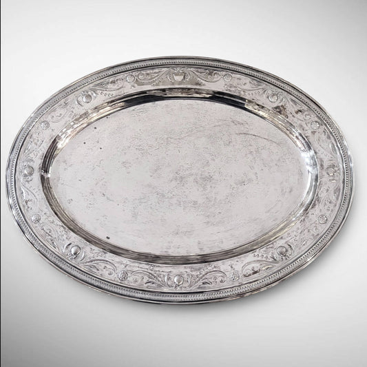 KLS Vaults large oval Tiffany & Co. sterling silver platter with engraved foliate scrolls and shell rim details.