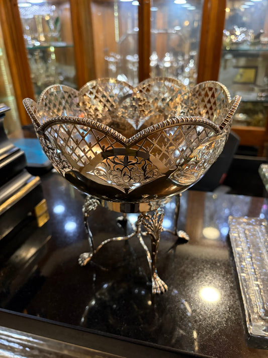 KLS Vaults 1893 Victorian sterling silver centerpiece with intricate pierced lattice-work and ornate paw feet.