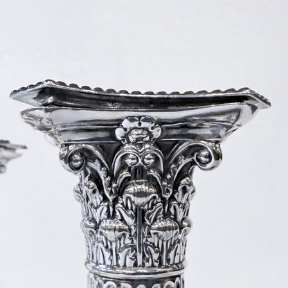 KLS Vaults Victorian sterling silver Corinthian candlestick capital with intricate acanthus leaf and volute detailing.