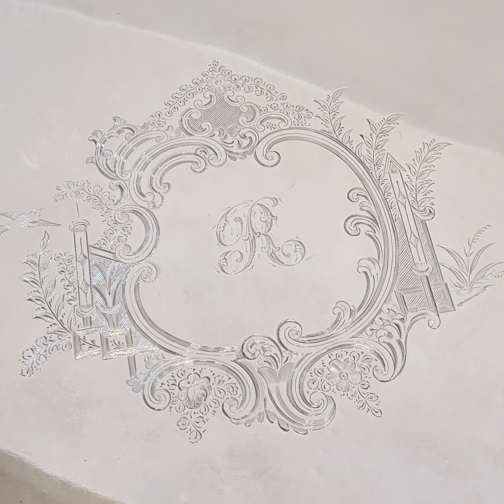 KLS Vaults Victorian sterling silver serving tray featuring intricate bright-cut Rococo engraving and Gothic monogram R
