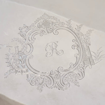 KLS Vaults Victorian sterling silver serving tray featuring intricate bright-cut Rococo engraving and Gothic monogram R