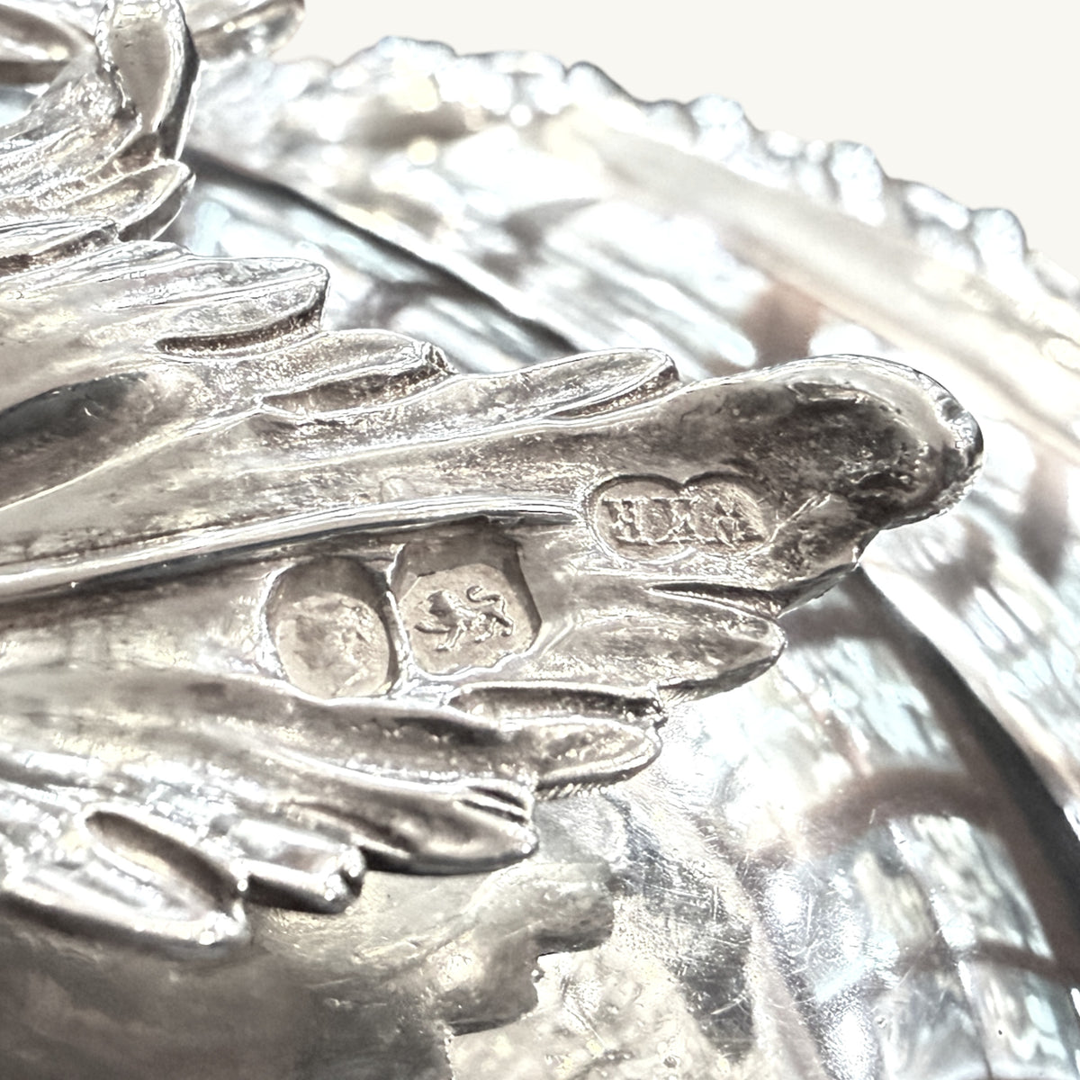 KLS Vaults Victorian silver soup tureen handle featuring detailed acanthus leaf engraving and antique hallmarks