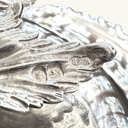 KLS Vaults Victorian silver soup tureen handle featuring detailed acanthus leaf engraving and antique hallmarks