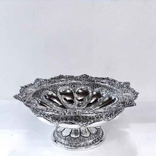 KLS Vaults Victorian sterling silver centerpiece bowl with intricate repoussé floral motifs and scalloped rim.