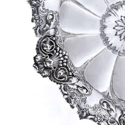 KLS Vaults 1898 Victorian sterling silver centerpiece bowl with intricate repoussé floral and acanthus leaf detailing.