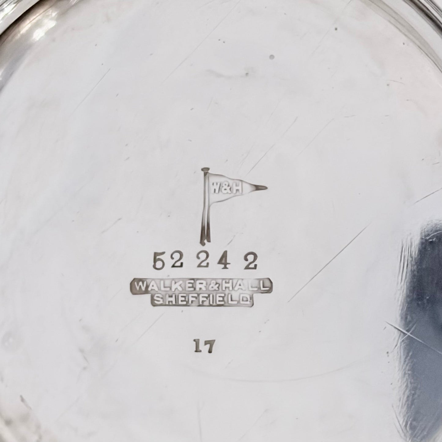 KLS Vaults sterling silver hallmark detail showing Walker & Hall Sheffield flag maker mark on centerpiece bowl