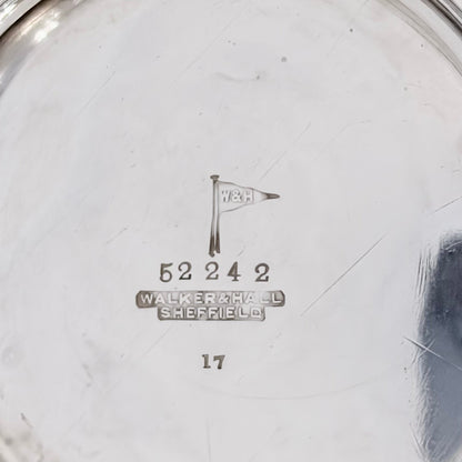KLS Vaults sterling silver hallmark detail showing Walker & Hall Sheffield flag maker mark on centerpiece bowl